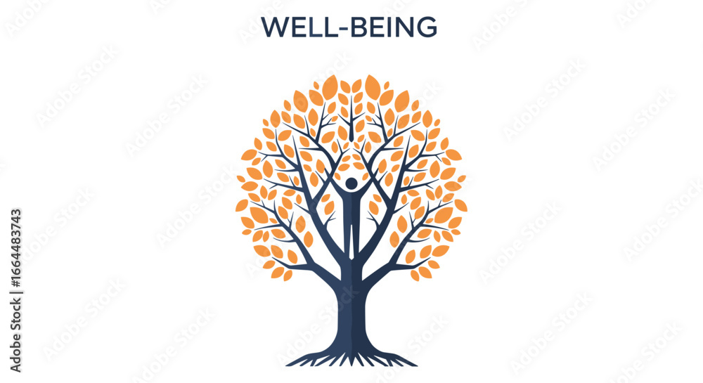 Obraz premium A symbolic graphic of a tree with a human figure as its trunk and lush orange leaves, representing holistic well-being, personal growth, and balanced, healthy living.