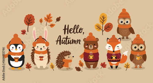 Adorable Autumn Animals Greeting Hello Autumn Season.