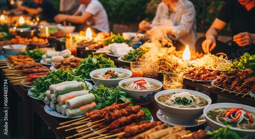 Bustling vietnamese street food market scene at dusk with colorful dishes and people dining
