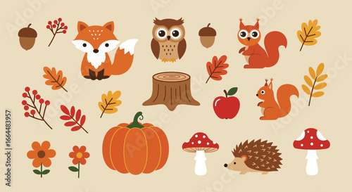 Adorable Autumn Forest Creatures and Elements Collection.
