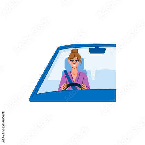 Young woman driving a blue car wearing seatbelt