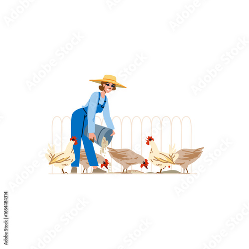Farmer woman feeding chickens in chicken coop on farm