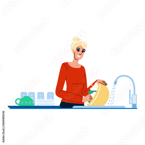 Woman washing dishes in kitchen sink with soap and sponge