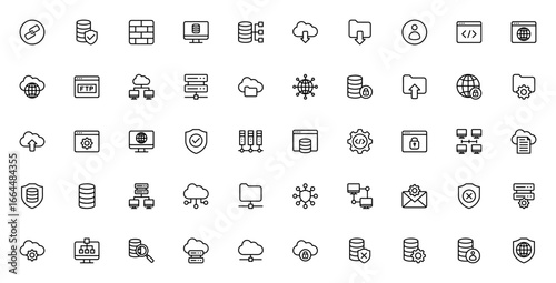 Web Hosting icon set. Vector illustration. Includes symbols for server, cloud, database, security, firewall, upload, download and more. Editable stroke.