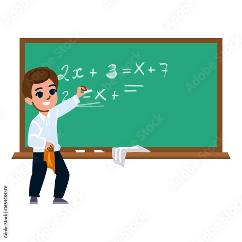 Smart schoolboy solving math equation on chalkboard in classroom