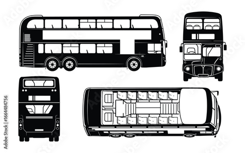 Detailed architectural style blueprint of a double decker bus. Black and white vector drawing.