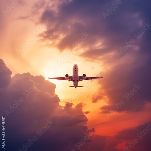 Airplane flying in the sky during sunset with colorful clouds around it