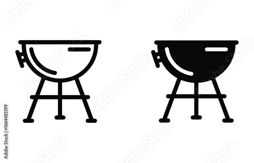 WebIllustration of two barbecue grills, one in outline and the other in solid black, showcasing outdoor cooking equipment, perfect for summer cookouts and gatherings