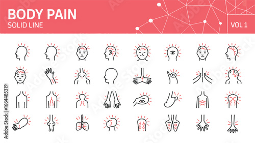 Comprehensive Set of Solid Line Icons Representing Diverse Body Pain and Discomfort Symptoms