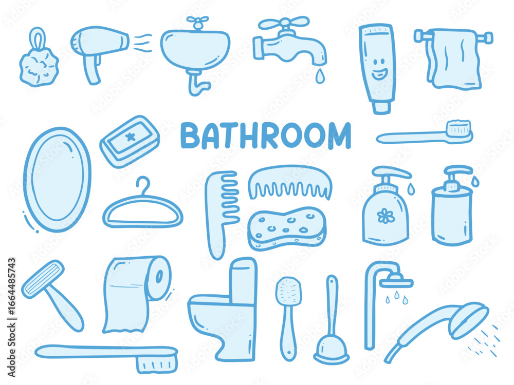 Fototapeta premium Set of icons with Bathroom Appliances theme. With doodle style. For layout, website, graphic design. 