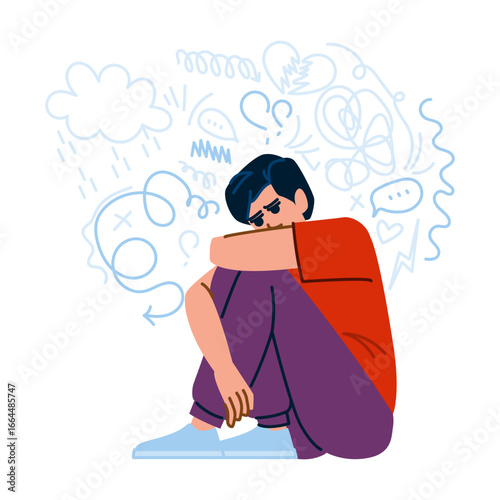Young man suffering from depression and anxiety embracing his knees