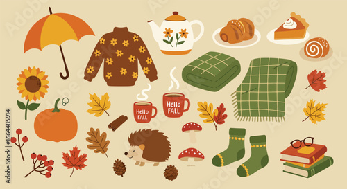 Cozy Autumn Collection of Seasonal Objects and Comfort Items.