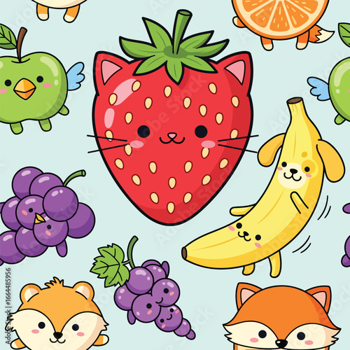 Seamless Pattern, Cute cartoon fruits characters seamless pattern with happy faces illustration Stock royalty free