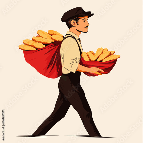 Man Carrying Baskets of Nuts in Vintage Style