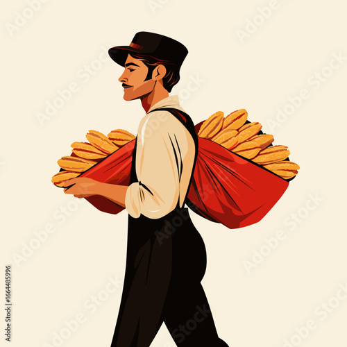 Man Carrying Baskets of Nuts in Vintage Style