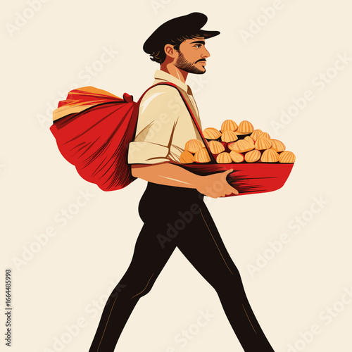 Man Carrying Baskets of Nuts in Vintage Style