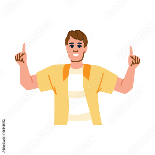 Smiling man pointing up with both index fingers