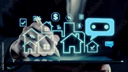 Professional navigating smart real estate platform on tablet AI chatbot assists with property investments home finance and digital housing market analysis 