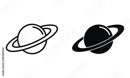 WebIllustration of saturn with its iconic rings, presented in both a line art style and a solid black silhouette, , representing space, astronomy, and celestial bodies