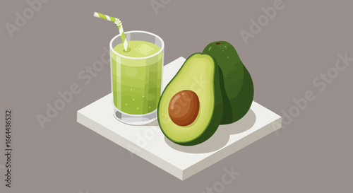 Isometric illustration of avocado smoothie with fresh avocados, healthy food and drink concept