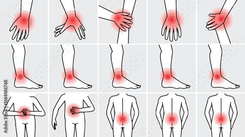Human Body Pain Locations Illustrated with Red Highlights on Grey Backgrounds hand pain ankle pain