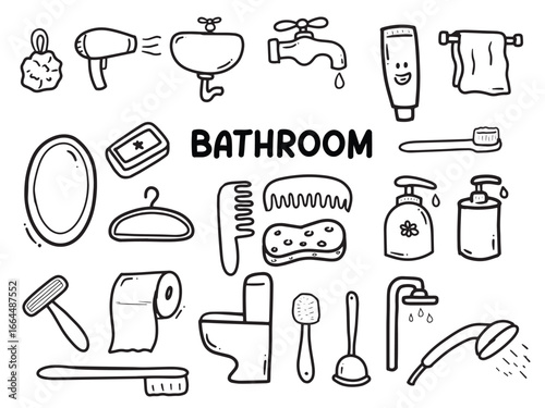 Set of icons with Bathroom Appliances theme. With doodle style. For layout, website, graphic design.	