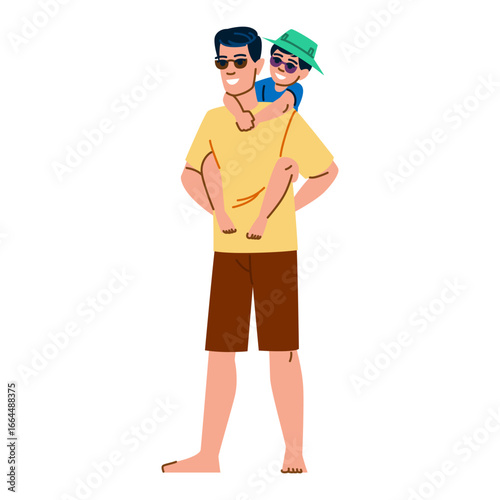 Father giving piggyback ride to his son wearing sunglasses and a hat