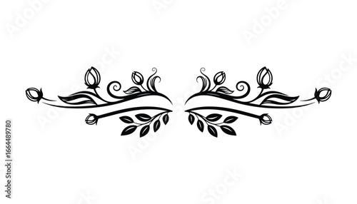 Black floral divider with bud and leaf elements; ornamental botanical design. Vector Illustration.