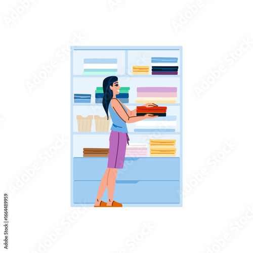 Woman organizing clothes in closet, domestic task illustration