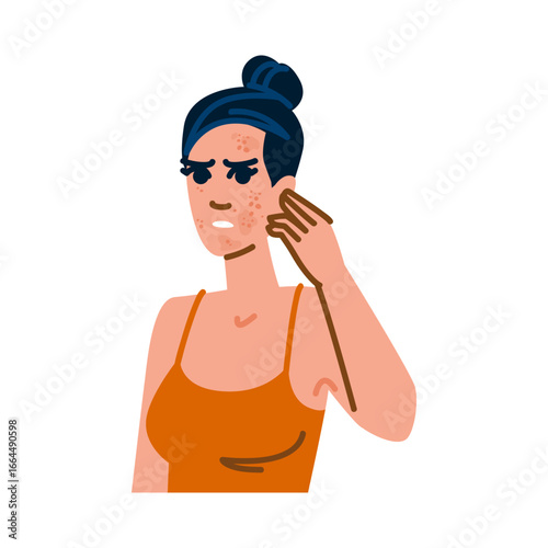 Young woman touching face suffering from skin rash or allergy