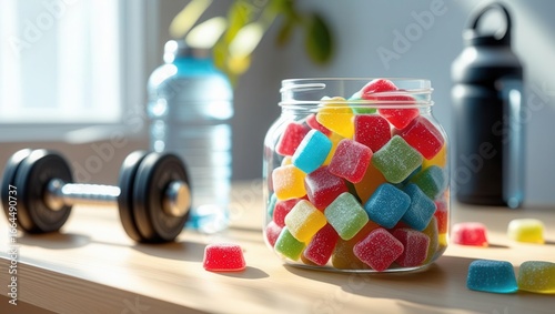 Boost your workout with creatine gummies healthy living home gym nutrition active lifestyle close-up fitness concept