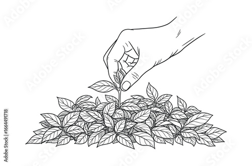 Hand delicately planting a seedling into a plant bed. Black and white line art vector illustration.
