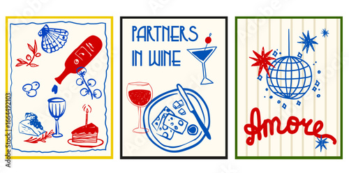 Whimsical food estate party illustration in hand drawn simple style dolce vita printable posters with cheese, disco ball, drinks. 