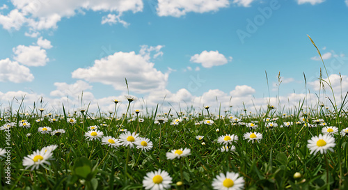Sunny Day, Daisies in Green Field, Blue Sky, White Clouds