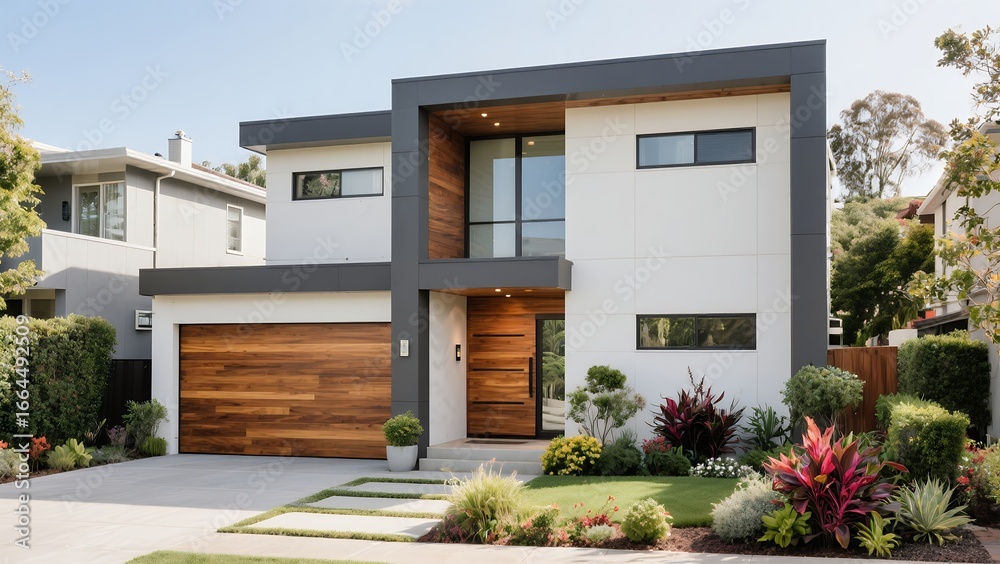 Fototapeta premium Modern Contemporary House with White Walls and Wooden Accents in Suburban Neighborhood