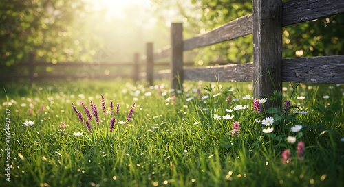 Sunlit Meadow, Wildflowers, Wooden Fence, Spring