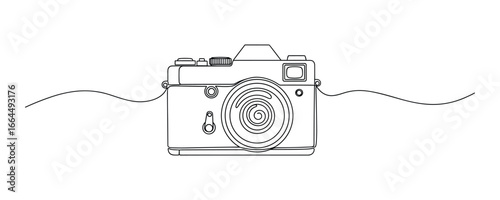 Black and white line art drawing of a camera in a continuous single line style. Vector illustration.