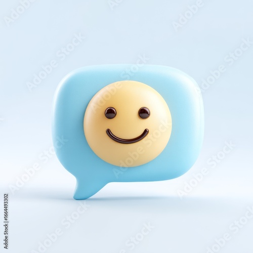 Cute light blue speech bubble with a happy yellow smiley face icon inside
