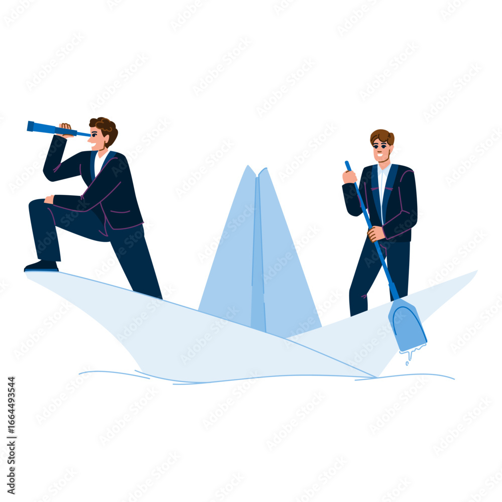 Obraz premium Businessmen rowing and scouting for new opportunities in paper boat