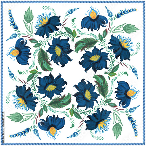 Vector floral pattern for shawl, carpet, scarf. Fantasy flowers, leaves on a white background in ornate frame