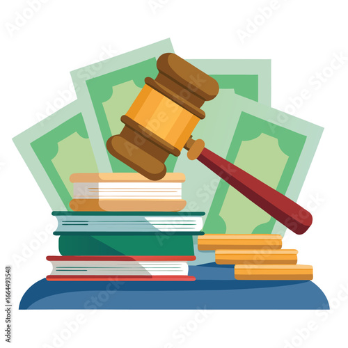 A gavel hammer on top of money papers, a powerful icon for financial law, legal decisions, and justice in business.