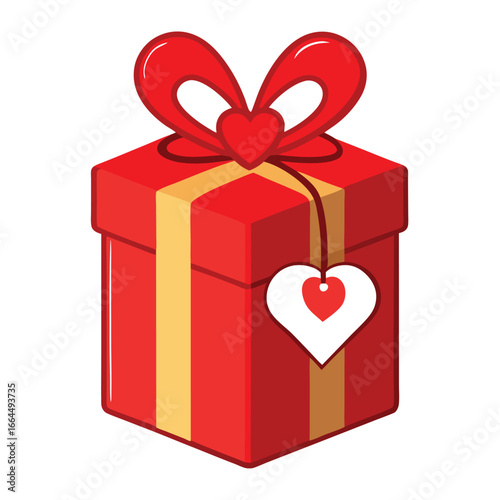 A gift box wrapped in red paper with a heart-shaped tag, a perfect romantic icon for valentines day and love gifts.