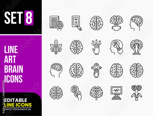 Set of 25 Line Art Brain Icons, Vector Symbols for AI, Psychology, and Innovation.