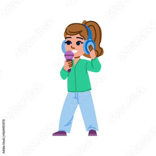 Young girl singing with microphone and headphones, enjoying music and sound recording