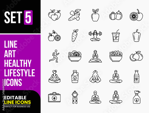 Set of 25 Line Art Healthy Lifestyle Icons, Vector Symbols for Food, Fitness, and Wellness