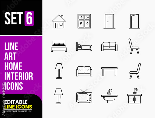 Set of 16 Line Art Home Interior Icons, Vector Furniture and House Symbols
