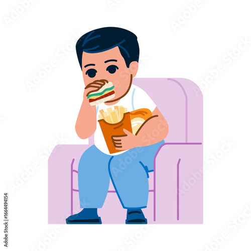 Overweight boy eating sandwich and french fries on armchair