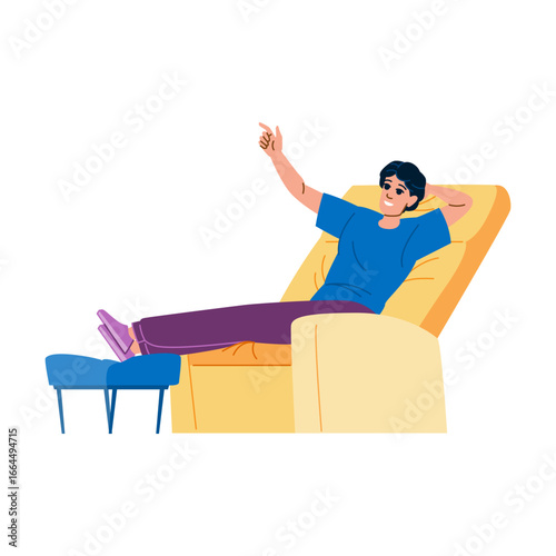Young man relaxing on comfortable recliner chair pointing finger upwards