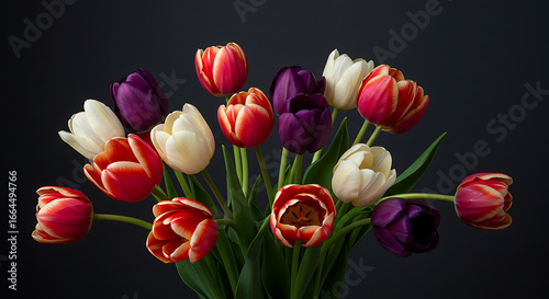 Vibrant Multicolored Tulip Bouquet on Dark Background