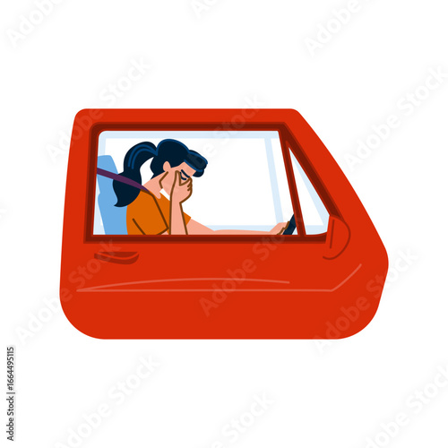Tired woman driver feeling sleepy and rubbing eyes while driving car
